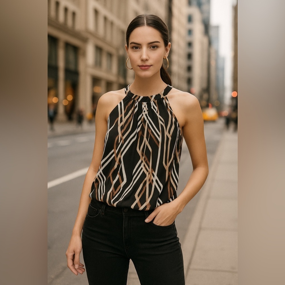 Le Chateau Vintage Pleated Blouse Wave Pattern High Neck Size S​​​​​​​​​​​​​